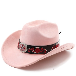 Detail of pink suede cowboy hat with floral embroidered band and metallic buckle accent