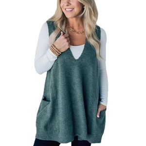 Deep green V-neck sleeveless knit vest sweater with side pockets in loose silhouette