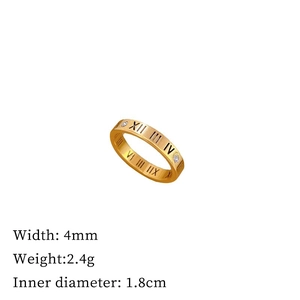Detail view of 4mm gold Roman numeral ring with size dimensions and weight specs