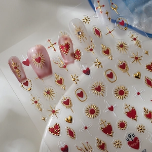 3D metallic gold star and red heart nail art stickers for punk style DIY manicure