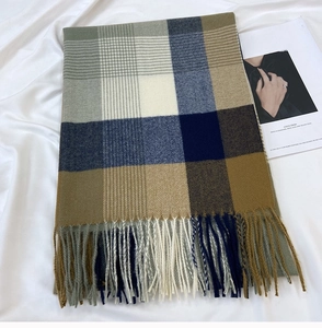 Close-up of thick plaid scarf featuring long tassels and earth-tone cashmere-like fabric