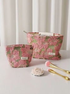 Sweet Pink Floral Jacquard Makeup Bag Portable Large Capacity Cosmetic Pouch Toiletry Storage Organizer For Women Travel