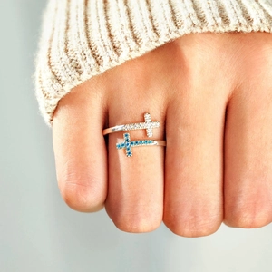 S925 sterling silver open ring featuring zircon crosses with blue and clear gemstones
