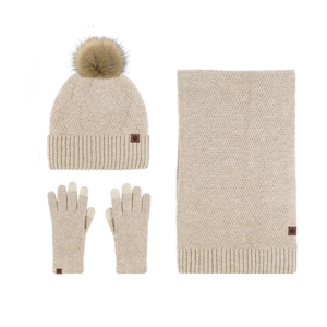 Winter 3-piece knit set with fleece beanie hat, long scarf and touchscreen gloves in beige