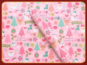 Pink Christmas wrapping paper with Santa, reindeer, and snowman holiday illustrations