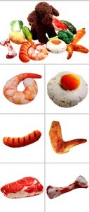 Detailed collection of squeaky plush pet toys featuring shrimp, steak and egg shapes