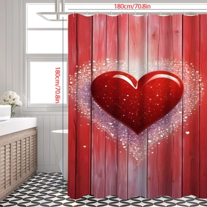 Waterproof bathroom shower curtain with red heart pattern on wood texture 180x180cm
