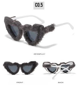 Three-view display of heart-shaped plush sunglasses with gray fur and white temples