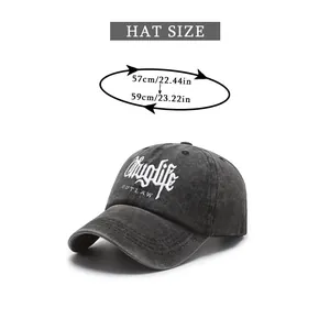 Size chart for washed baseball cap with embroidery showing 57-59cm circumference details