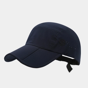 Detail of dark blue quick-dry cap showing laser-cut side vents and circular logo