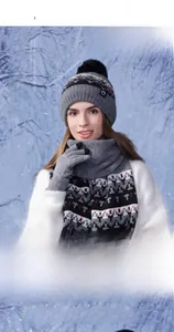 Detail of grey knitted winter set with beanie, scarf and gloves featuring geometric patterns