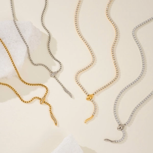 18k gold plated stainless steel snake necklace with sparkling cubic zirconia crystals