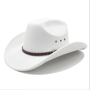 Classic white felt cowboy hat with embossed brown leather band and metal vents