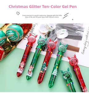 Detail of Christmas 10-color ballpoint pen with sequin reindeer top and festive patterns