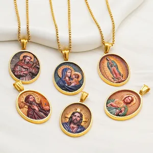 Collana Con Pendente Ritratto Religioso Vintage Placcato Oro 18K Acciaio Inossidabile Ovale Smalto Gioielli Cristiani