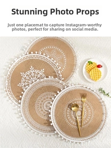 Detail of round jute placemats with white mandala prints and delicate fringe edges
