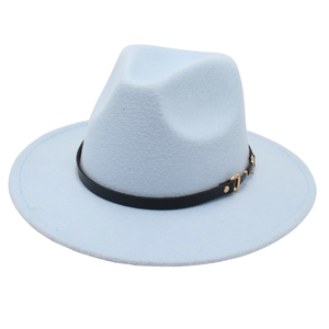 Classic light blue fedora hat with black leather belt and gold metal buckle