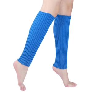Detailed knit texture of bright blue leg warmers featuring vertical ribbed stripes