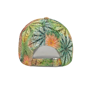 Rear view of baseball cap with colorful star floral print and adjustable metal buckle