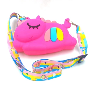 Pink unicorn silicone crossbody bag with colorful strap and bubble sensory pop features