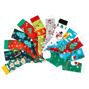 Colorful Christmas cotton socks with festive patterns like Santa and Reindeer in various colors