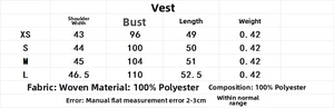 Tableau détaillé des tailles pour gilet effet cuir avec mesures en centimètres
