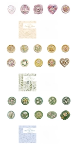 Detail of 3D embossed floral stickers with letterpress texture in three vintage themes