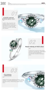 Macro detail of S925 silver ring featuring green moss agate and opal side stones
