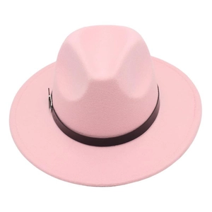 Detail view of pink fedora felt hat featuring a black leather band and silver buckle