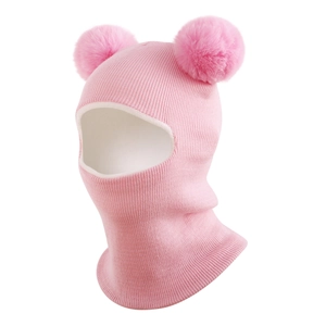 Detailed knit texture and soft dual pom-pom decorations on pink baby balaclava hat