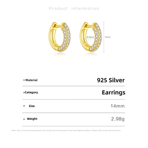 Detailed view of gold 925 sterling silver hoop earrings with triple row zircon pave crystals