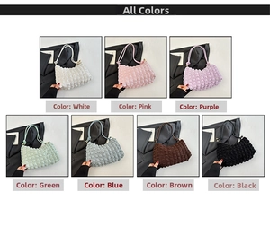 Grid view showing seven colors of bubble textured pleated cloud shoulder bags for women