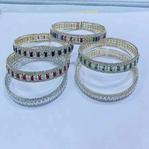 Set of six fashion cuff bracelets with colorful baguette-cut cubic zirconia in silver finish