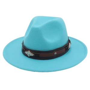 British style turquoise wide brim wool felt fedora hat with vintage leather band