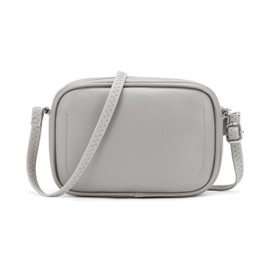 Detail showing the gray leather shoulder strap with unique zigzag stitching and metal buckle