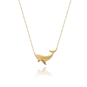 Minimalist whale pendant necklace in 18K gold plated steel with matte texture finish