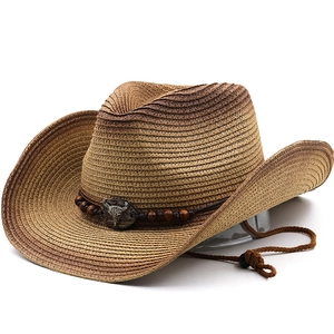 Breathable straw cowboy hat with gradient brown weave and vintage metal bull head
