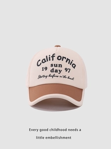 Detail of American retro color-block baseball cap with California Sun letter print