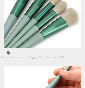 Detail of glossy thickened aluminum tube and soft green handle of makeup brush set