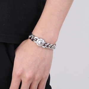 Silver Cuban link bracelet for men with CNC crystal inlay and round decorative clasp
