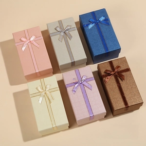 Rectangle gift boxes with ribbon bows and cross texture in six elegant assorted colors