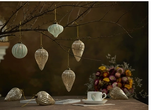Detailed view of ribbed glass Christmas balls in champagne gold and pale green finish