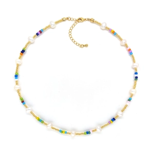 Bohemian colorful TOHO seed bead necklace with natural freshwater pearls and lobster clasp