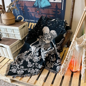Bohemian skull and rose pattern woven camping blanket with fringes for outdoor and home decor