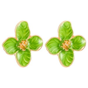 Elegant green enamel four-petal flower stud earrings with golden metallic floral details