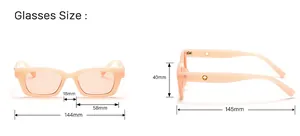 Detailed dimension chart showing total width 144mm and temple length 145mm of jelly tea sunglasses