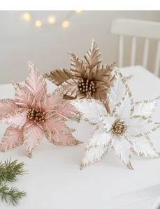 Detail of 25cm glitter artificial poinsettia flowers for Christmas tree decoration