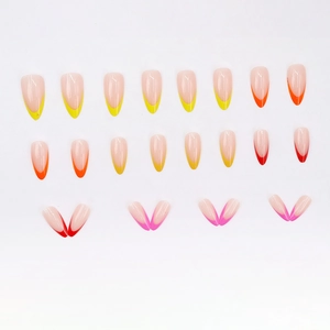 Colorful almond-shaped French press-on nails set with yellow and orange gradient tips