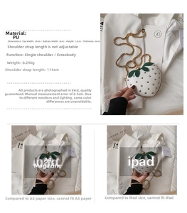 Size comparison and detailed view of a cream strawberry heart-shaped mini chain bag