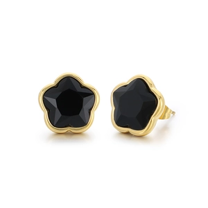 Elegant gold-trimmed five-petal flower stud earrings with faceted black gemstone centers